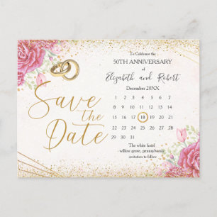 Cartão Postal De Anúncio Elegante Floral Dourado 50º Aniversário Salvar a D