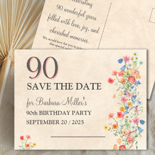 Cartão Postal De Anúncio Elegante Floral Festa de 90 Anos Salve a Data