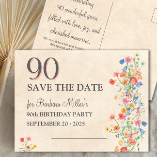 Cartão Postal De Anúncio Elegante Floral Festa de 90 Anos Salve a Data