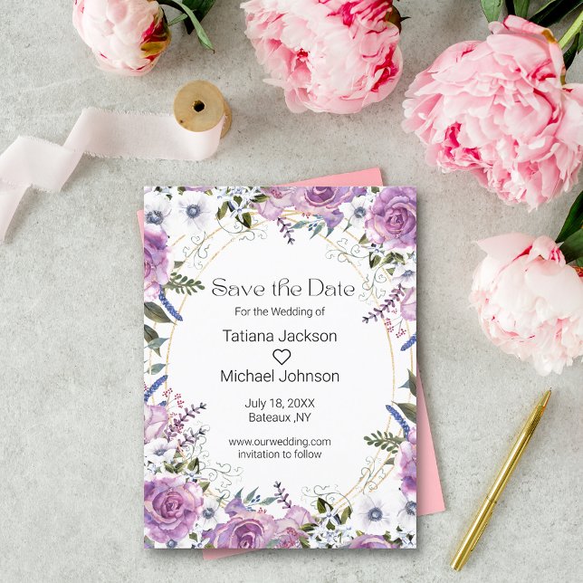 Cartão Postal De Anúncio elegante floral roxo em aquarela para salvar a dat (Criador carregado)