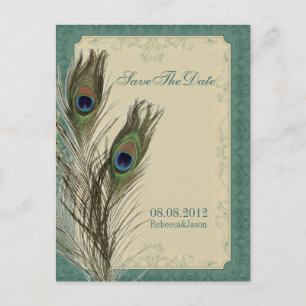 Cartão Postal De Anúncio elegante floral vintage de pavão Save the date