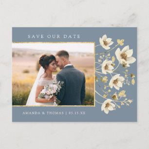 Cartão Postal De Anúncio Elegante Foto de Casamento em Azul Poeirento Save