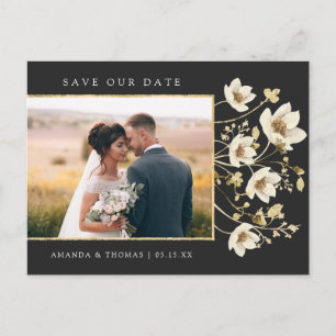 Cartão Postal De Anúncio Elegante Foto de Casamento Preto e Dourado Save Th