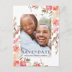 Cartão Postal De Anúncio Elegante Foto Floral Rosa Salmão Salve a Data
