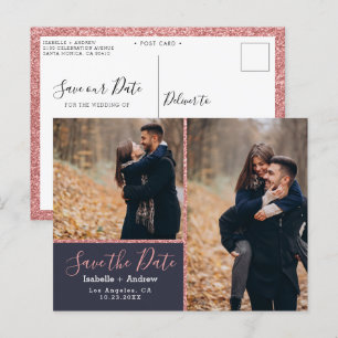 Cartão Postal De Anúncio Elegante Foto Rosa Azul Marinho Brilho Salve a Dat