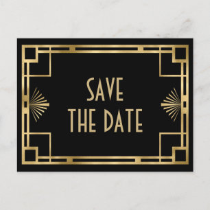 Cartão Postal De Anúncio Elegante Gatsby Art Deco preto e dourado