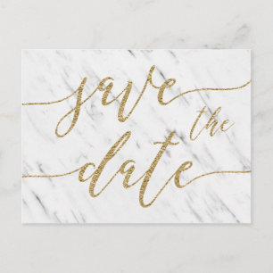 Cartão Postal De Anúncio Elegante Mármore Branco & Ouro Salve a Data de Cas