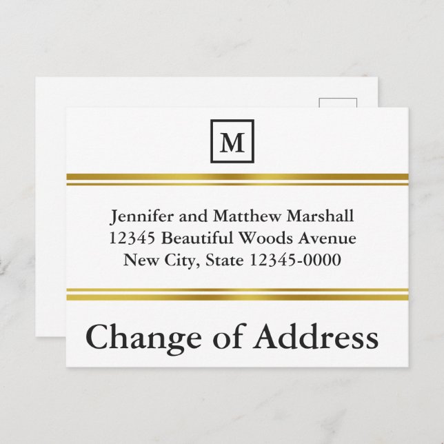Cartão Postal De Anúncio Elegante Monograma Branco e Dourado para Mudança d (Frente/Verso)