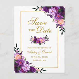 Cartão Postal De Anúncio Elegante Ouro Roxo Violeta Floral Salve a Data