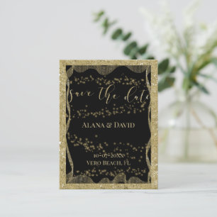 Cartão Postal De Anúncio Elegante Preto e Dourada Glitter Salvar a Data