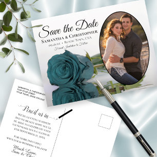 Cartão Postal De Anúncio Elegante Rosa Azul Turquesa Oval Foto Casamento Sa