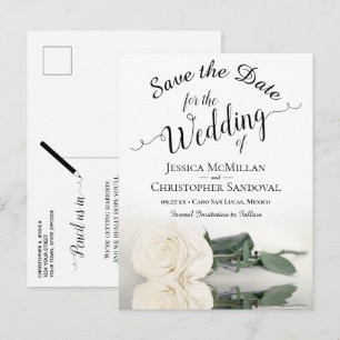 Cartão Postal De Anúncio Elegante Rosa Branca Casamento Salve a Data