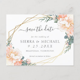 Cartão Postal De Anúncio Elegante Rosa Creme Dourado Floral Save the Date