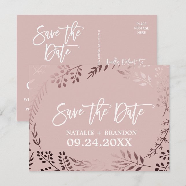 Cartão Postal De Anúncio Elegante Rosa Dourado e Rosa Casamento Save the Da (Frente/Verso)