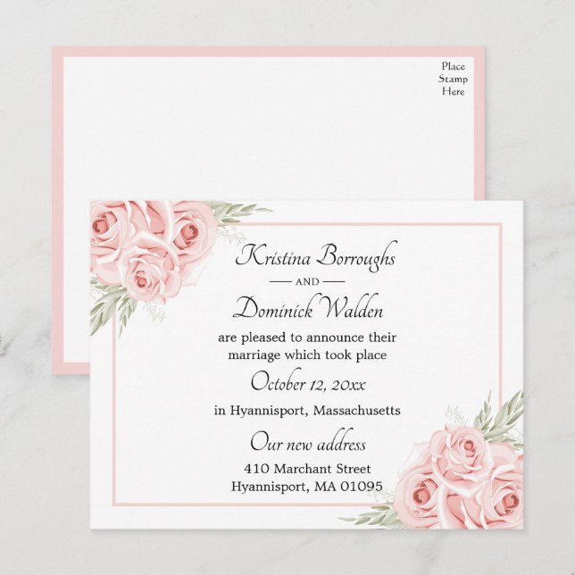 Cartão Postal De Anúncio Elegante Rosa Floral Casamento Recém-Casados Noiva (Frente/Verso)