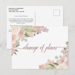 Cartão Postal De Anúncio Elegante Rosa Floral Mudança de Planos de Casament
