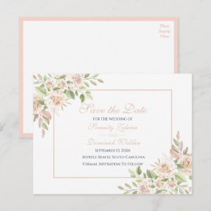 Cartão Postal De Anúncio Elegante Rosa Floral Save The Date Casamento