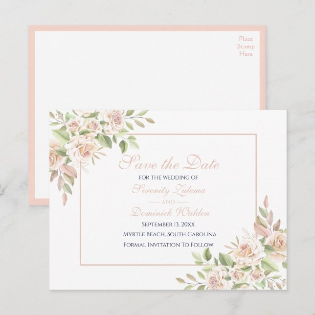 Cartão Postal De Anúncio Elegante Rosa Floral Save The Date Casamento (Frente/Verso)