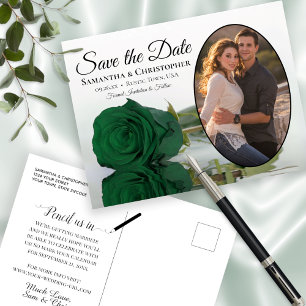 Cartão Postal De Anúncio Elegante Rosa Verde Esmeralda e Foto Salvar a Data