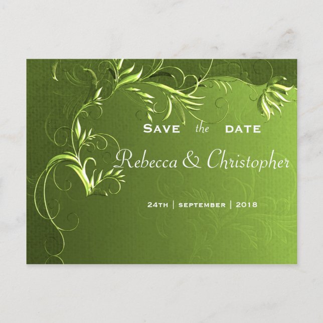 Cartão Postal De Anúncio Elegante Salva o Dia de Casamento Verde (Frente)