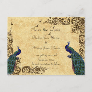 Cartão Postal De Anúncio Elegante, salvar a data, pavões, costume