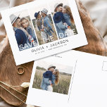 Cartão Postal De Anúncio Elegante Salve a Data 4 Foto em Branco - Carta<br><div class="desc">Foto moderna e elegante Guarde o Cartão de Casamento de Data. O cartão de convite para salvar data inclui tipografia branca e chic e design simples em um fundo branco ao qual você pode adicionar sua fotografia personalizada de noivado.</div>