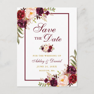Cartão Postal De Anúncio Elegante Salve A Data Burgundy Floral Dourada