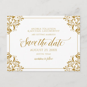 Cartão Postal De Anúncio Elegante Salve a Data Dourado Vintage