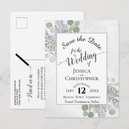 Cartão Postal De Anúncio Elegante Salve a Data Eucalipto & Lavanda Branco