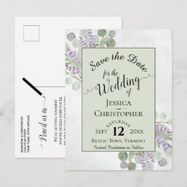 Cartão Postal De Anúncio Elegante Salve a Data Eucalipto & Lavanda Verde