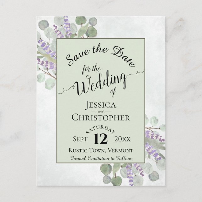 Cartão Postal De Anúncio Elegante Salve a data Eucalyptus e Lavanda verde (Frente)