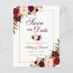 Cartão Postal De Anúncio Elegante Salve a Data Flores Burgundy Dourado