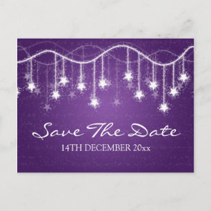 Cartão Postal De Anúncio Elegante Salve A Data Shimmering Estrelas Roxo