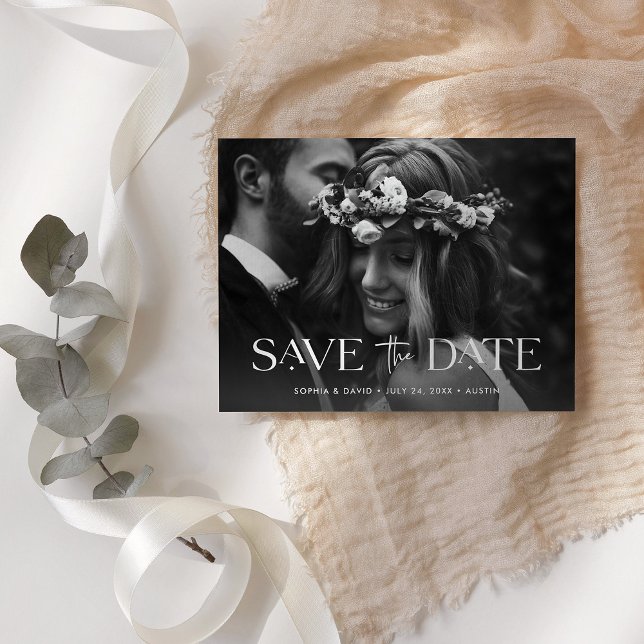 Cartão Postal De Anúncio Elegante Save the Date de Duas Fotos (Criador carregado)