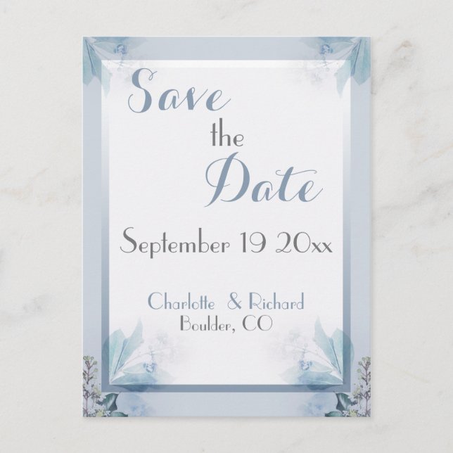 Cartão Postal De Anúncio Elegante Save the Date Floral Aquarela Azul Empoei (Frente)