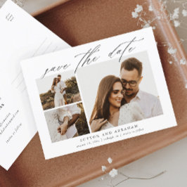 Cartão Postal De Anúncio Elegante Script 3 Foto Casamento Salve a Data