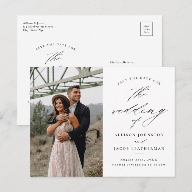 Cartão Postal De Anúncio Elegante Script Foto Casamento Salvar a Data (Frente/Verso)