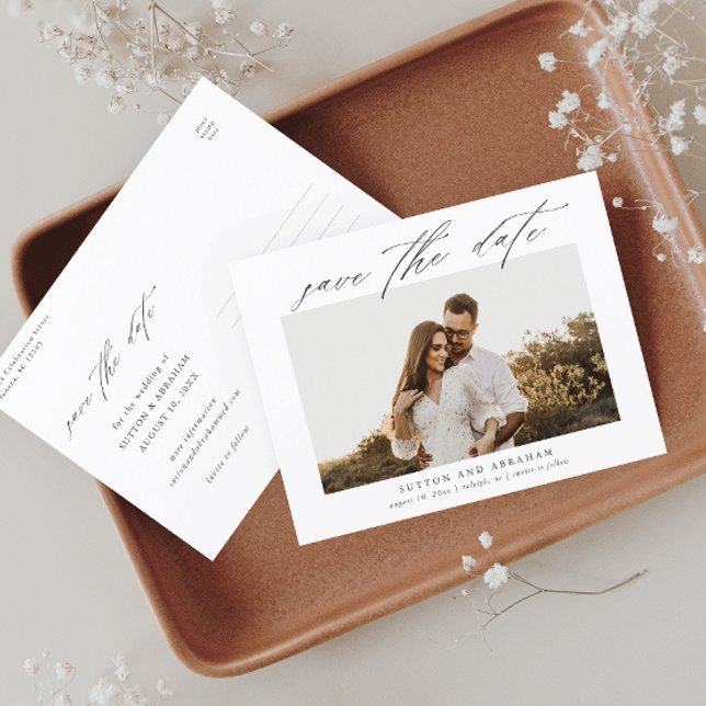 Cartão Postal De Anúncio Elegante Script Foto Casamento Salve a Data (Criador carregado)