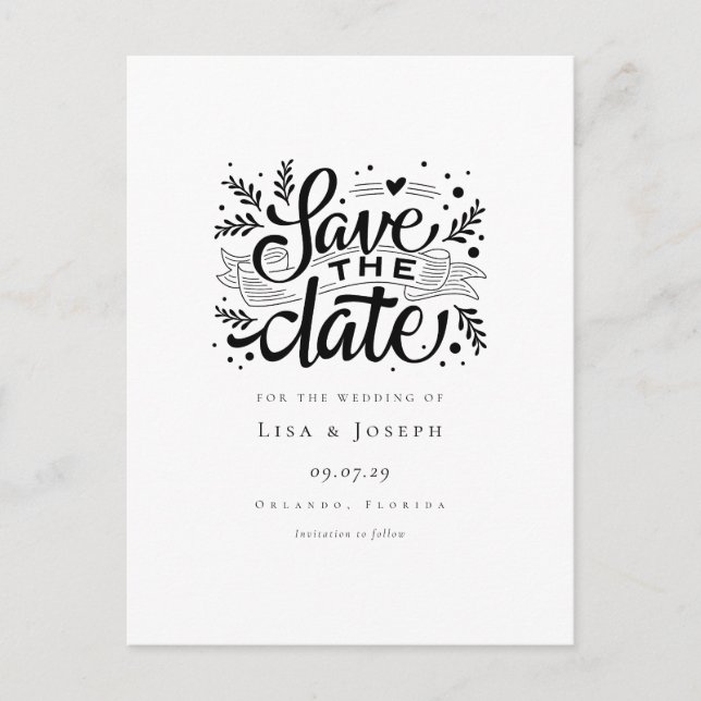 Cartão Postal De Anúncio Elegante Script Preto e Branco Save the Date (Frente)
