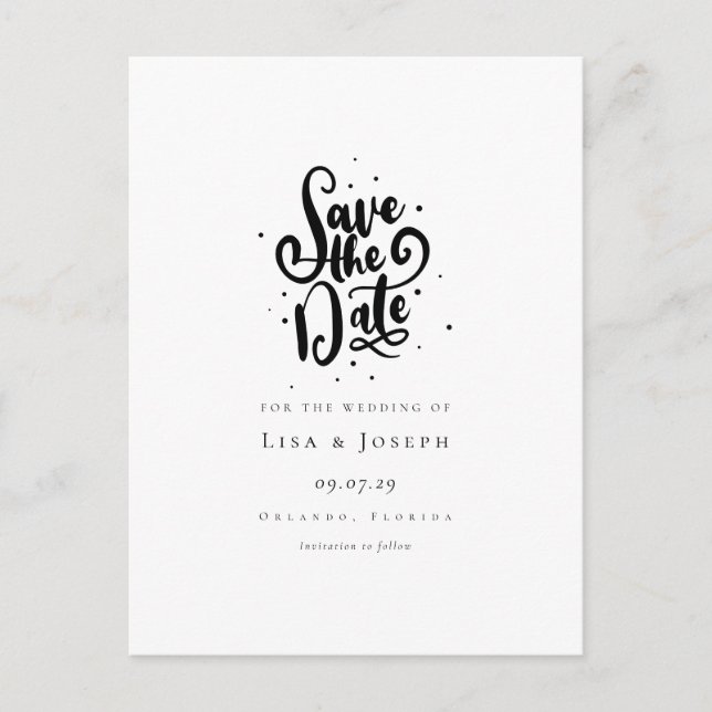 Cartão Postal De Anúncio Elegante Script Preto e Branco Save the Date (Frente)
