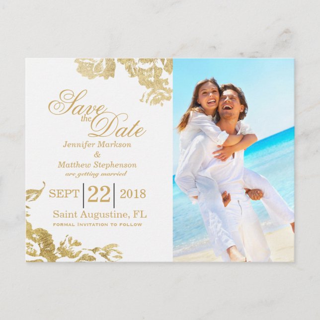 Cartão Postal De Anúncio Elegante Simples Rosa Floral Moderna Dourada Salva (Frente)