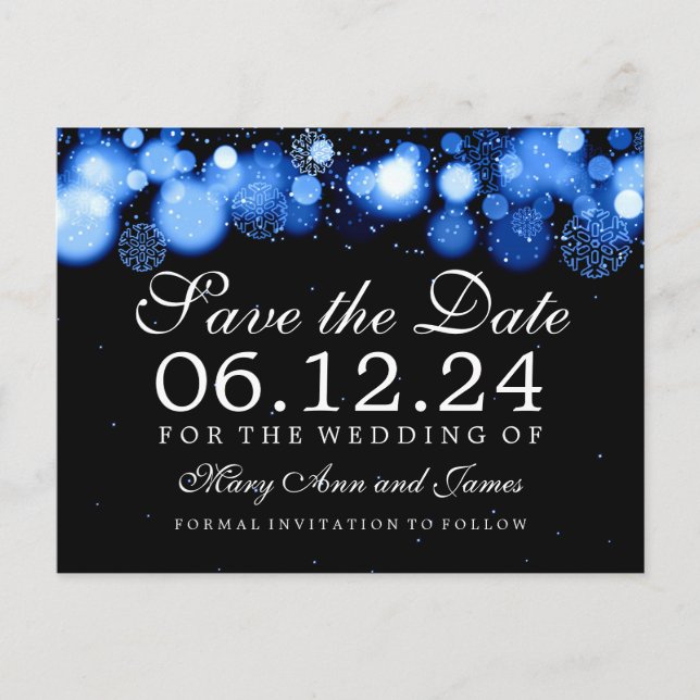 Cartão Postal De Anúncio Elegante Winter Save The Date Blue Lights (Frente)