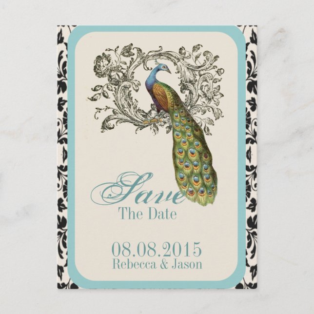 Cartão Postal De Anúncio elegantes espirais Casamento de pavão floral lírio (Frente)