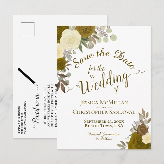 Cartão Postal De Anúncio Elegantes Rosas Douradas ou Amarelas no Casamento  (Frente/Verso)