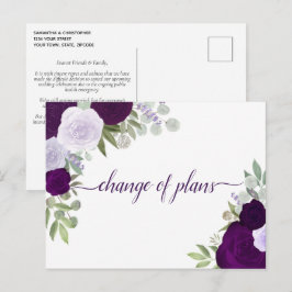 Cartão Postal De Anúncio Elegantes Rosas Roxas Mudança de Planos de Casamen