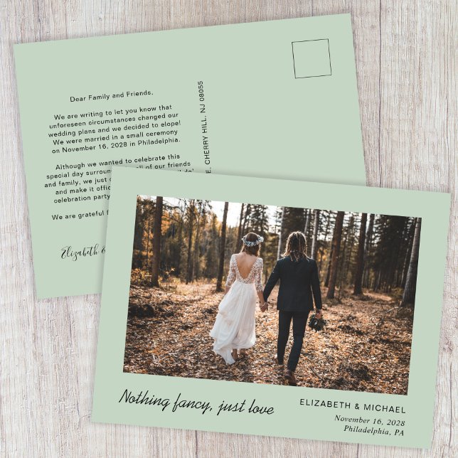 Cartão Postal De Anúncio Elopement de Foto Mínimo Verde (Criador carregado)
