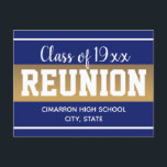 Cartão Postal De Anúncio Encontro da Turma Escolar Salve a Data Azul<br><div class="desc">Salve o cartão postal de data do ensino médio ou reunião de turma. Faixa de gradiente azul divertida com texto branco em negrito. Todo o texto é personalizável e pode ser alterado para as necessidades da sua própria festa. Estandartes de turma também podem ser encontrados na minha loja.</div>