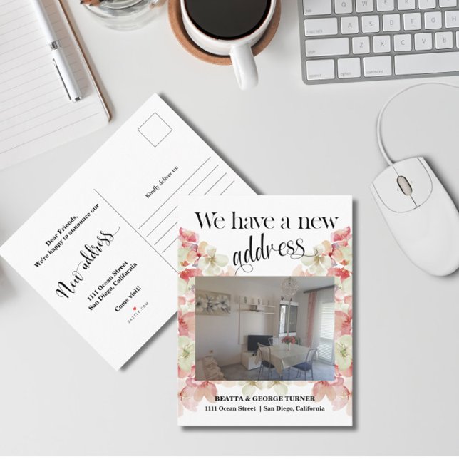 Cartão Postal De Anúncio Endereço da Nova Casa Foto Floral, (Criador carregado)
