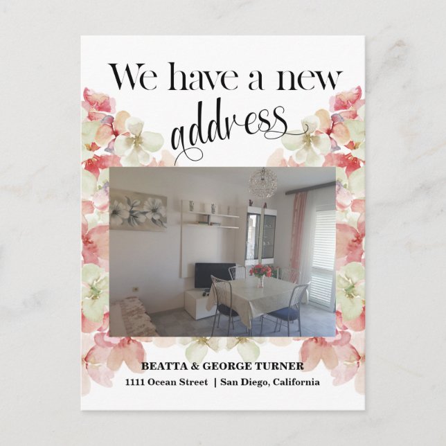 Cartão Postal De Anúncio Endereço da Nova Casa Foto Floral, (Frente)