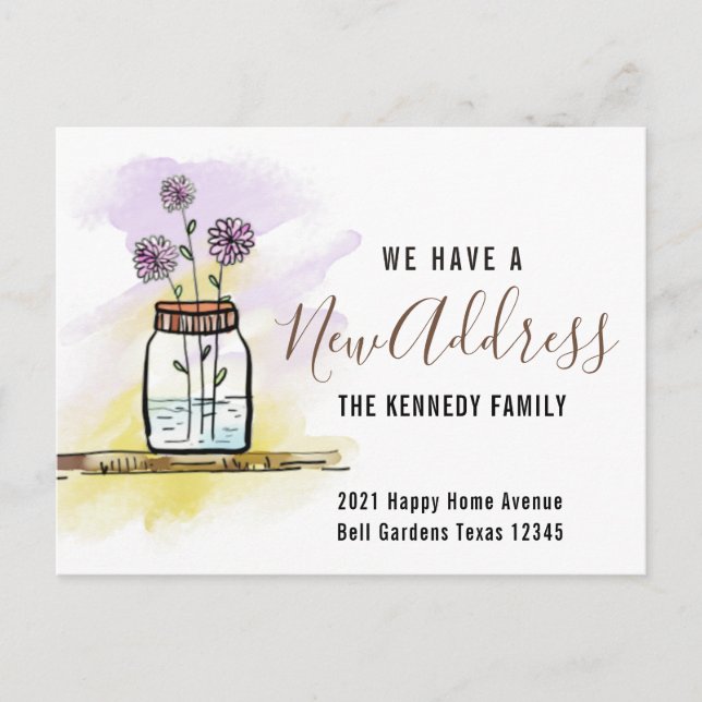 Cartão Postal De Anúncio Endereço Novo Moderno Aquarela Flores Mudança Resi (Frente)